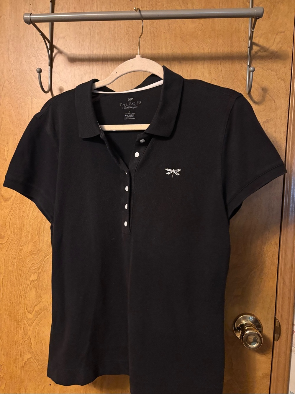 Talbots Black Short-Sleeve Polo with Embroidered Dragonfly